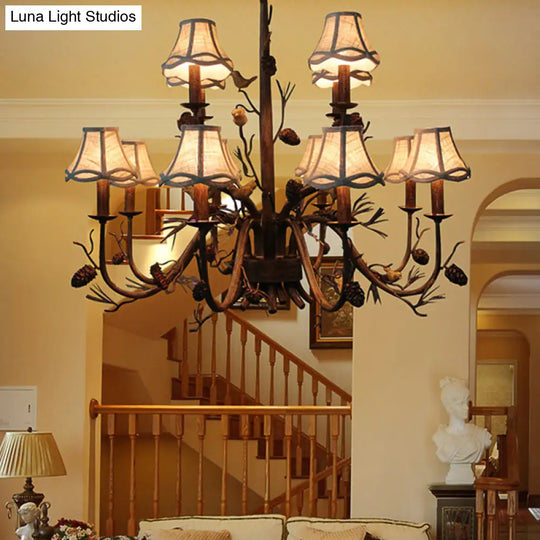 Rustic Brown Scalloped Chandelier With 12 Lights Metal Pendant Light Fixture And White Fabric Shade
