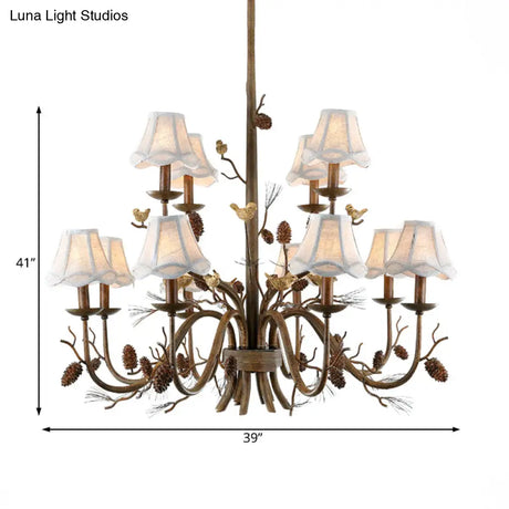Rustic Brown Scalloped Chandelier With 12 Lights Metal Pendant Light Fixture And White Fabric Shade