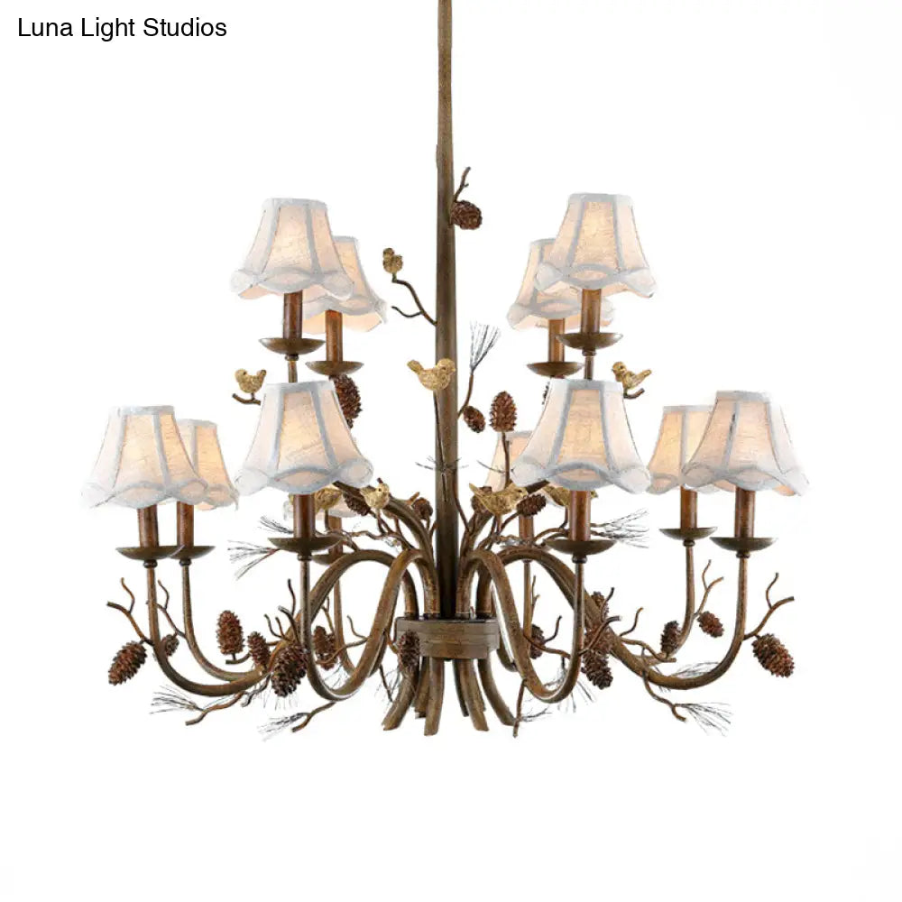 Rustic Brown Scalloped Chandelier With 12 Lights Metal Pendant Light Fixture And White Fabric Shade
