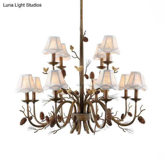 Rustic Brown Scalloped Chandelier With 12 Lights Metal Pendant Light Fixture And White Fabric Shade