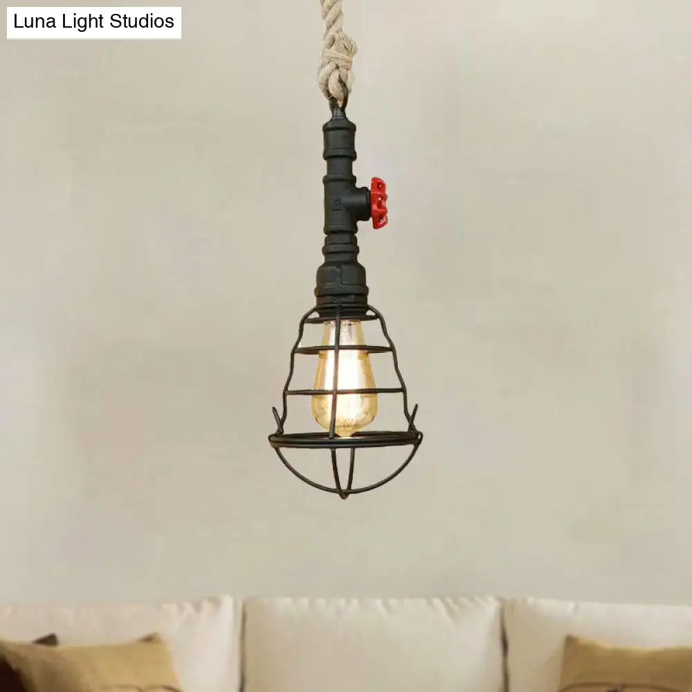 Rustic Caged Pendant Light - Black Metal Hanging With Pipe & Rope Cord Ideal For Bars