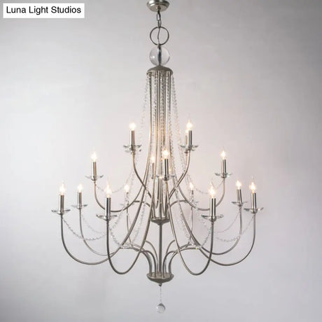 Rustic Candlestick Chandelier With Crystal Strand Elegant Metallic Hanging Light Kit