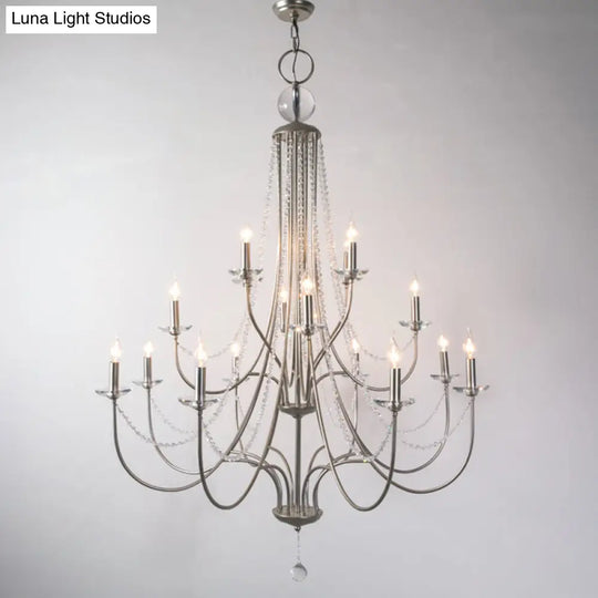 Rustic Candlestick Chandelier With Crystal Strand Elegant Metallic Hanging Light Kit