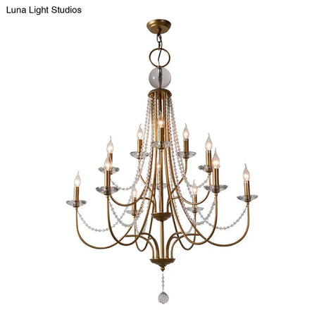 Rustic Candlestick Chandelier With Crystal Strand Elegant Metallic Hanging Light Kit