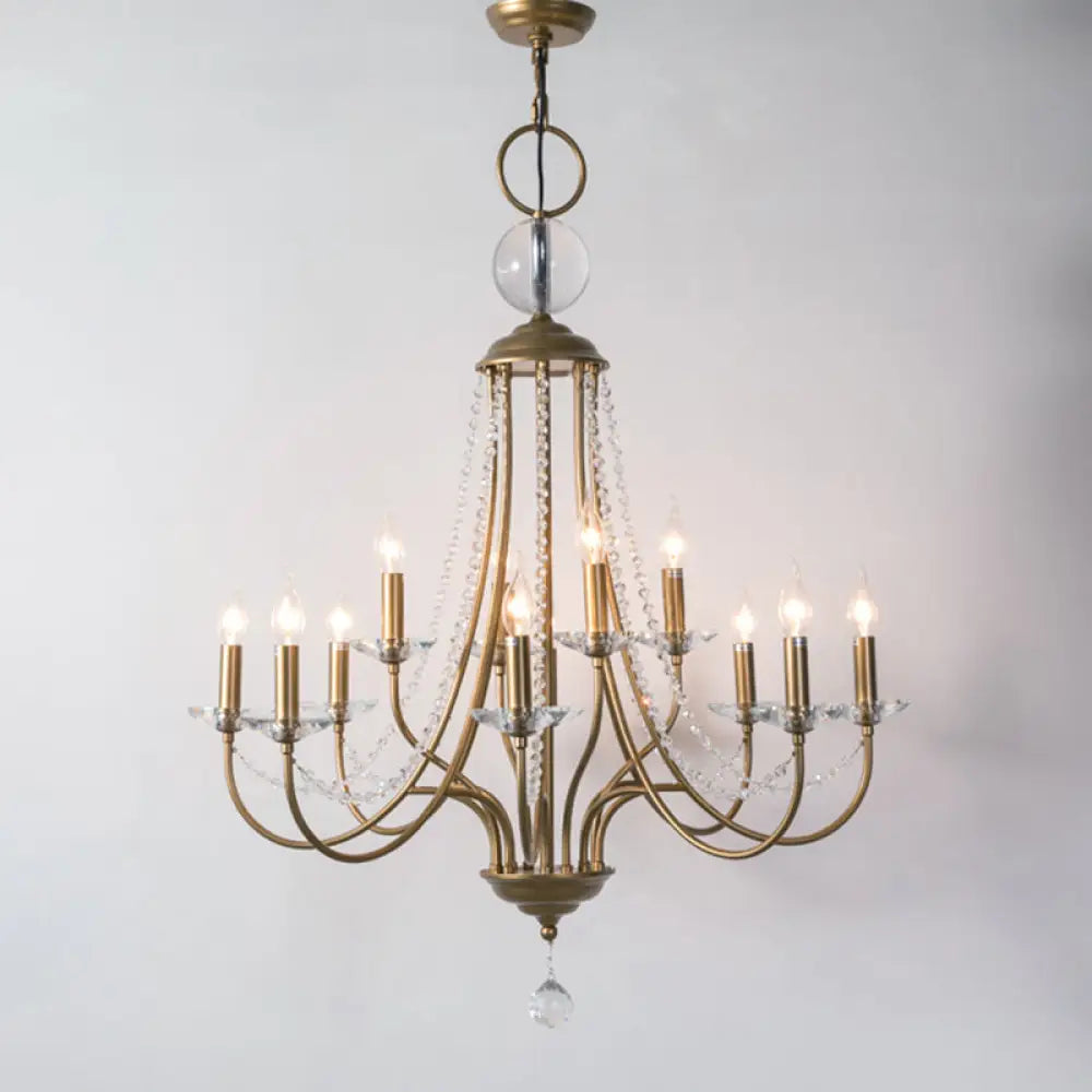 Rustic Candlestick Chandelier With Crystal Strand Elegant Metallic Hanging Light Kit Gold / 2 Tiers