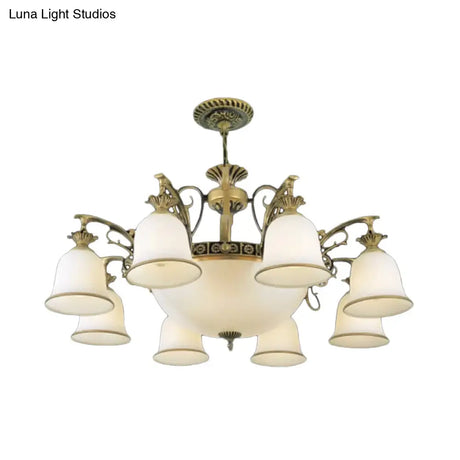 Rustic Carillon Chandelier Lighting - 11-Head White Glass Fixture In Brass