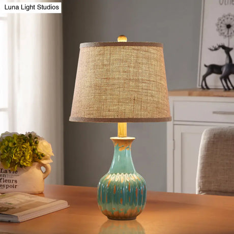 Rustic Ceramic Night Light: 1-Light Red/Blue Vase Lamp For Bedroom Nightstand With Stylish Fabric