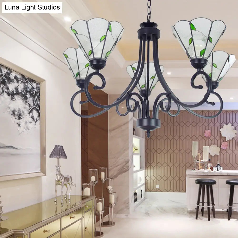Rustic Black Leaf Pendant Light With Clear Glass And 5 Dimpled Lights
