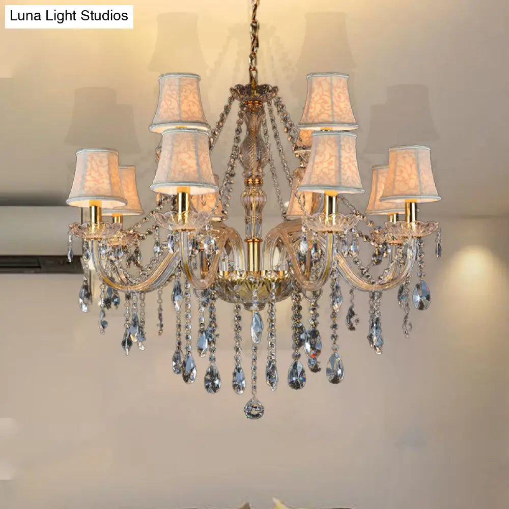 Rustic Clear Crystal Pendant Chandelier: 6/8/10 Heads Beige Hanging Ceiling Light With Fabric Shade