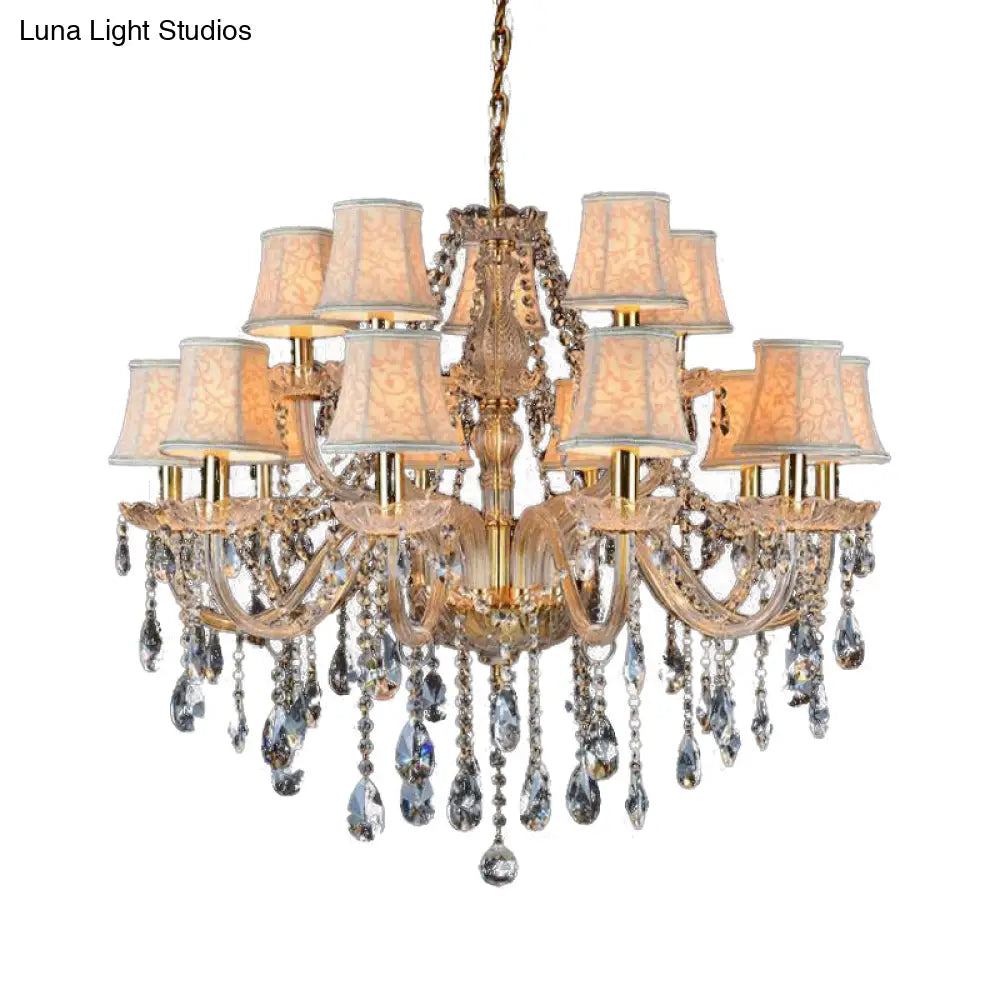Rustic Clear Crystal Pendant Chandelier: 6/8/10 Heads Beige Hanging Ceiling Light With Fabric Shade