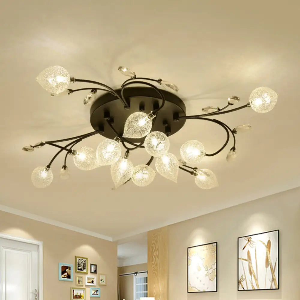 Rustic Clear Glass Sputnik Semi Flush Light With Crystal Deco - Black/Gold Finish 12 / Black