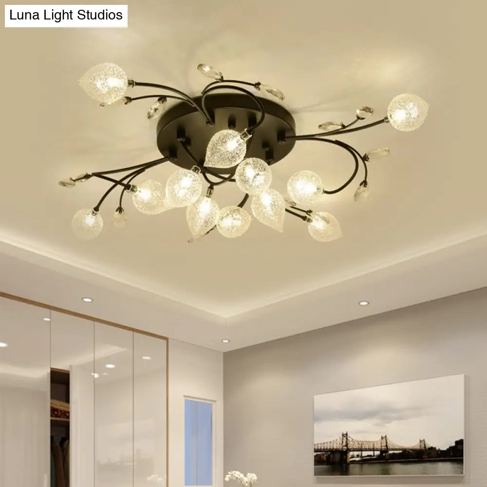 Rustic Clear Glass Sputnik Semi Flush Light With Crystal Deco - Black/Gold Finish