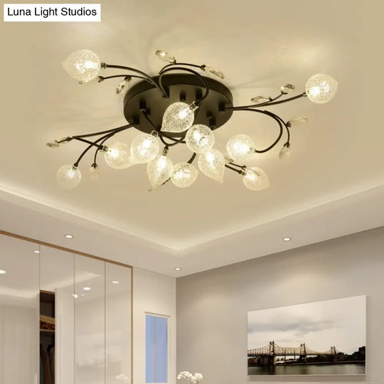 Rustic Clear Glass Sputnik Semi Flush Light With Crystal Deco - Black/Gold Finish