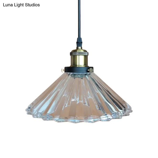 Rustic Clear Ribbed Glass Conical Pendant Light - Single Black Hanging Lamp For Bedroom