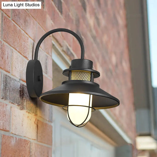 Rustic Cone Metal Wall Lighting: 1-Head Black Courtyard Mount Lamp
