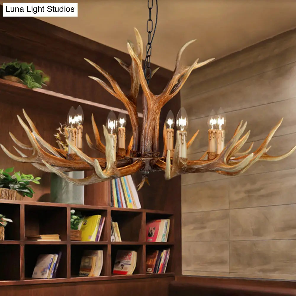 Rustic Countryside Stag Antler Chandelier - 6/8/10 Lights Pendant Fixture In Brown Resin For