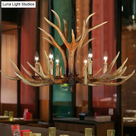 Rustic Countryside Stag Antler Chandelier - 6/8/10 Lights Pendant Fixture In Brown Resin For