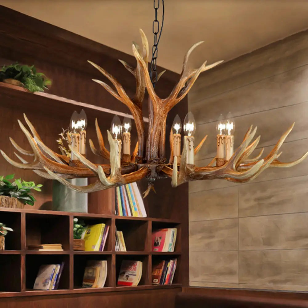 Rustic Countryside Stag Antler Chandelier - 6/8/10 Lights Pendant Fixture In Brown Resin For