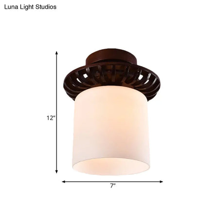 Rustic Cream Glass Flush Mount Ceiling Light With Wood Frame - Brown Globe/Square Design