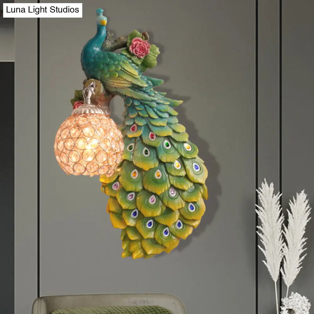 Rustic Crystal Ball Sconce: Peacock & Rose Decor Single Bulb Wall Mounted Light In White/Blue/Green