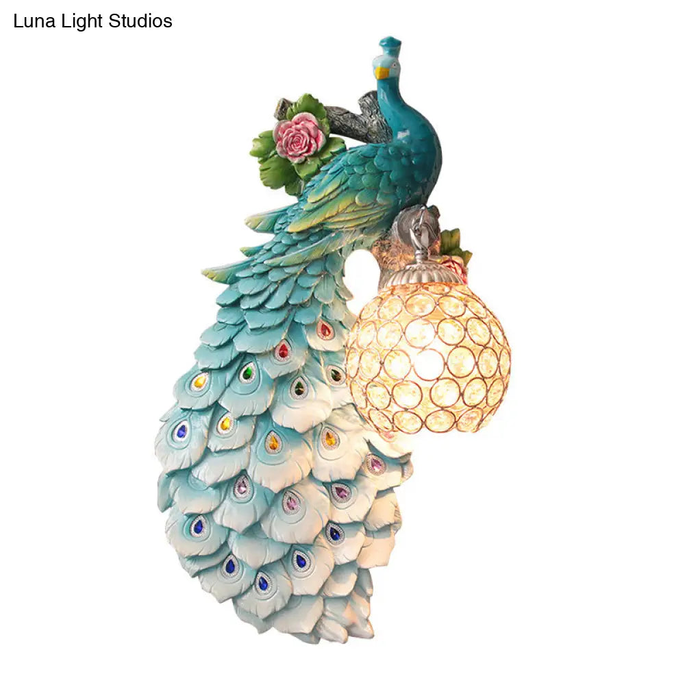 Rustic Crystal Ball Sconce: Peacock & Rose Decor Single Bulb Wall Mounted Light In White/Blue/Green