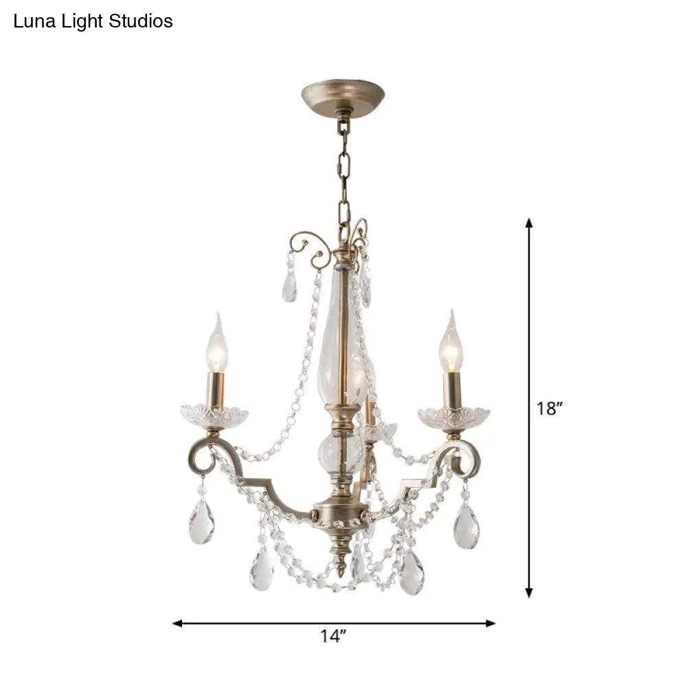 Rustic Crystal Candle Chandelier: Aged Silver Living Room Light With Swirled Arm