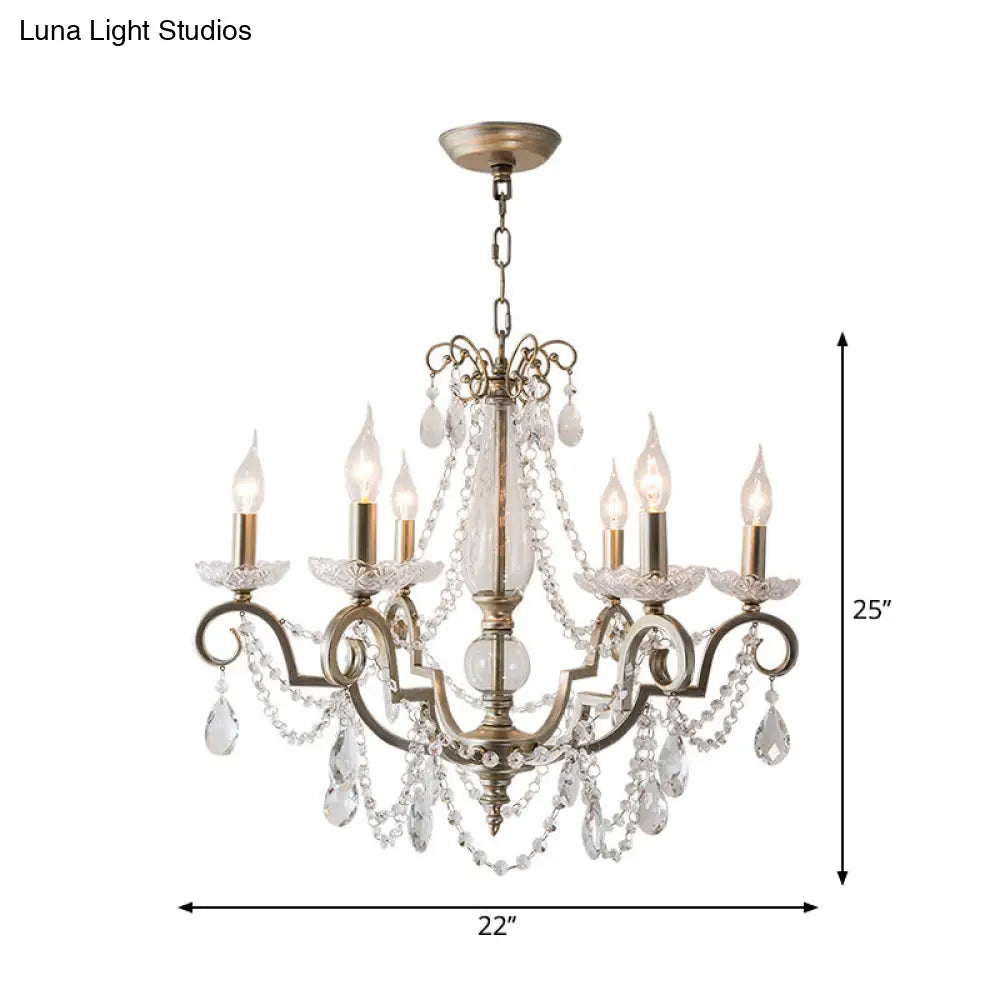 Rustic Crystal Candle Chandelier: Aged Silver Living Room Light With Swirled Arm