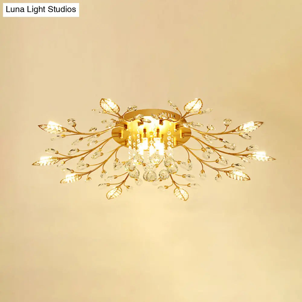 Rustic Crystal Led Ceiling Light Fixture For Hallway - Gold Branches Flush Mount Lamp 10 /