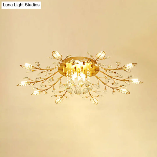 Rustic Crystal Led Ceiling Light Fixture For Hallway - Gold Branches Flush Mount Lamp 10 /