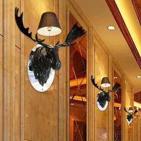 Rustic Deer Design Wall Sconce With Cone Shade And Black Fabric - 1-Light Resin Light