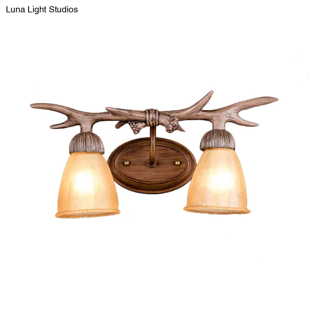 Rustic Deer Horn Amber Glass Wall Sconce Lamp - Lodge Style With 2 Lights