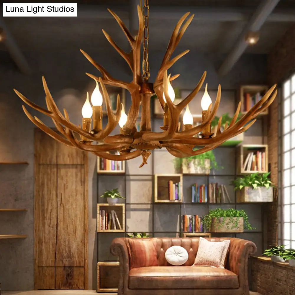 Rustic Deer Horn Chandelier With Adjustable Chain - 6-Light Original Wood Color Retro Candlestick