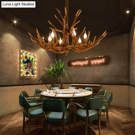 Rustic Deer Horn Chandelier With Adjustable Chain - 6-Light Original Wood Color Retro Candlestick