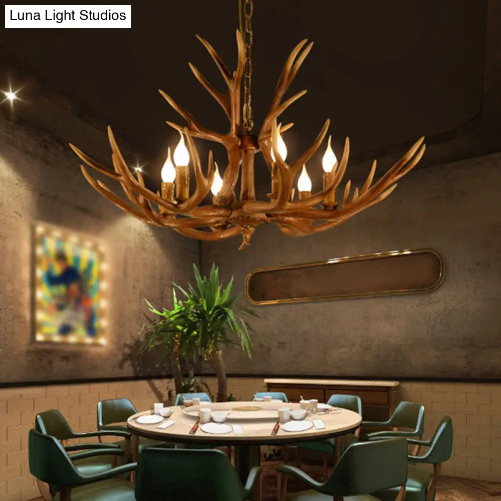 Rustic Deer Horn Chandelier With Adjustable Chain - 6-Light Original Wood Color Retro Candlestick
