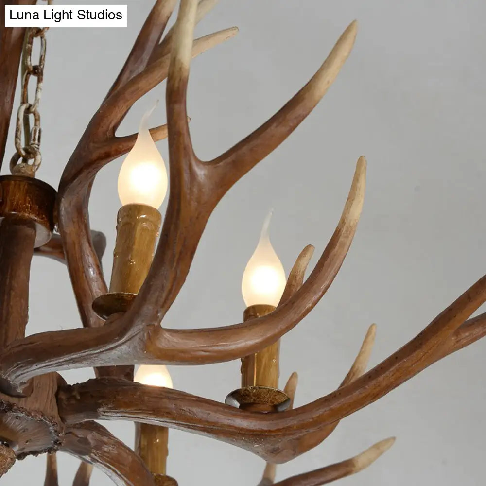 Rustic Deer Horn Chandelier With Adjustable Chain - 6-Light Original Wood Color Retro Candlestick