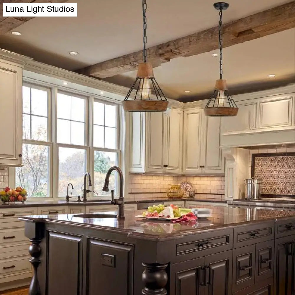 Rustic Diamond Cage Pendant Lamp - Wood And Metal Single Light For Kitchen