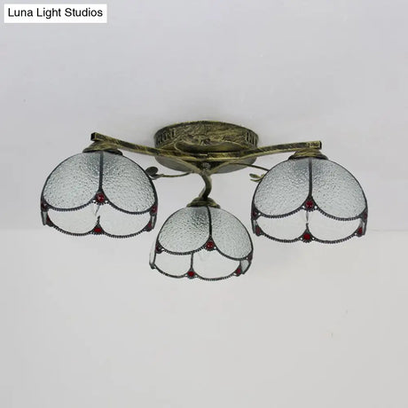 Rustic Dome Ceiling Fixture - Beige/Yellow-Blue/Clear/Blue Glass Flush Mount 3 Lights Living Room