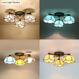 Rustic Dome Ceiling Fixture - Beige/Yellow-Blue/Clear/Blue Glass Flush Mount 3 Lights Living Room