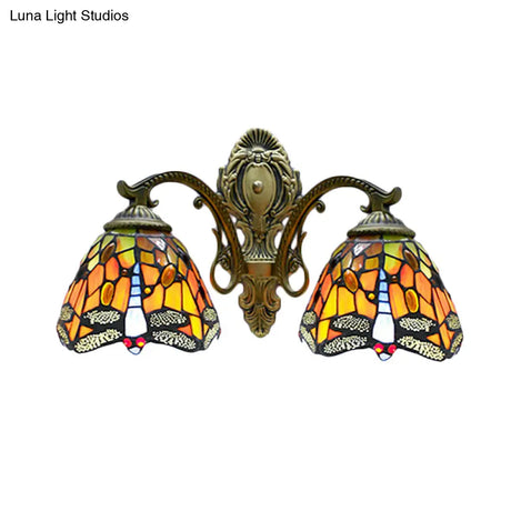 Rustic Dragonfly Wall Lamp Stained Glass - Tiffany Style 2 Bulbs Orange Sconce For Coffee Shop