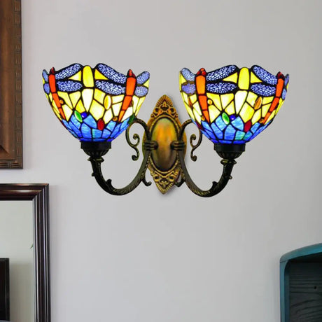 Rustic Dragonfly Wall Light - Vintage 2-Light Stained Glass Fixture In Brass Indoor Lighting