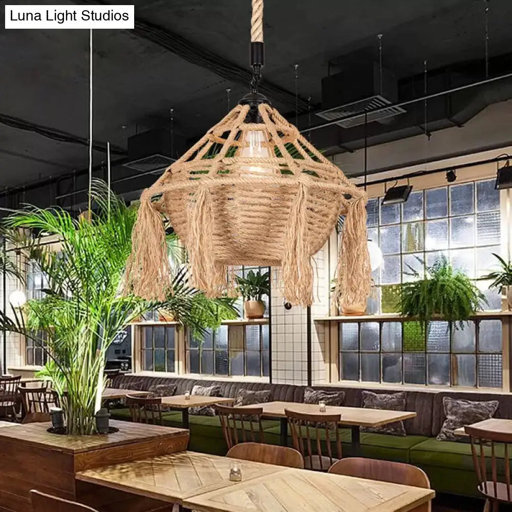 Countryside Rope Pendant Ceiling Light - Brown Droplet Shape With Tassel 1 Head For Restaurants