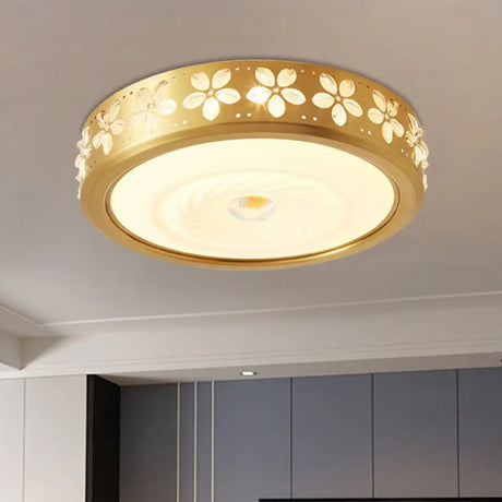 Rustic Drum Style Flush Light With Cream Glass & Led Ceiling Mounted Fixture Brass’ Brass