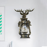 Rustic Elk Backplate Wall Lamp - Flameless Kerosene Sconce With Brown/Bronze Glass Bronze