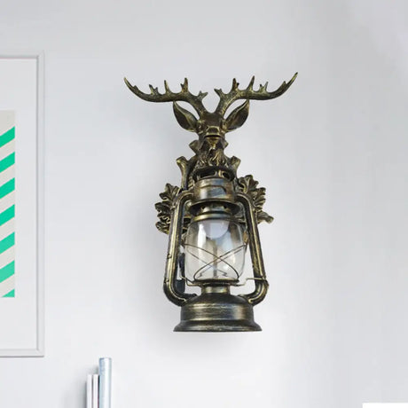 Rustic Elk Backplate Wall Lamp - Flameless Kerosene Sconce With Brown/Bronze Glass Bronze