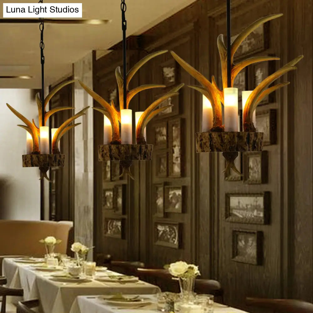 Rustic Elk Design Pendant Lighting: Brown Resin Tube With 3 Lights - Hanging Ceiling Light