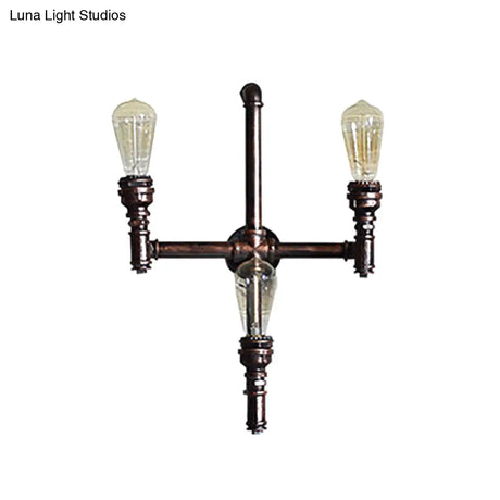 Rustic Farmhouse Pipe Sconce: 3-Bulb Wall-Mounted Lamp With Metallic Finish