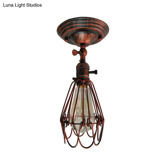 Rustic Farmhouse Semi-Flush Iron Cage Bedroom Ceiling Light In Rust/Aged Silver