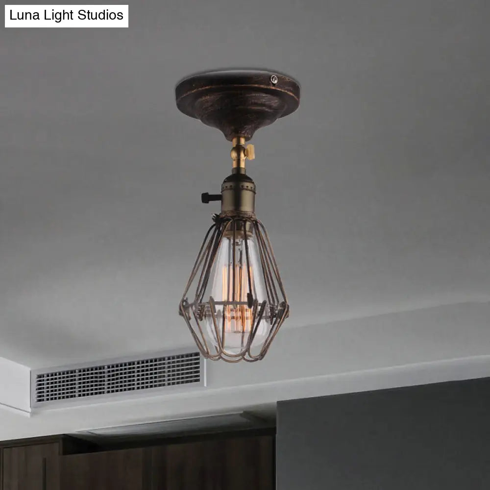Rustic Farmhouse Semi-Flush Iron Cage Bedroom Ceiling Light In Rust/Aged Silver