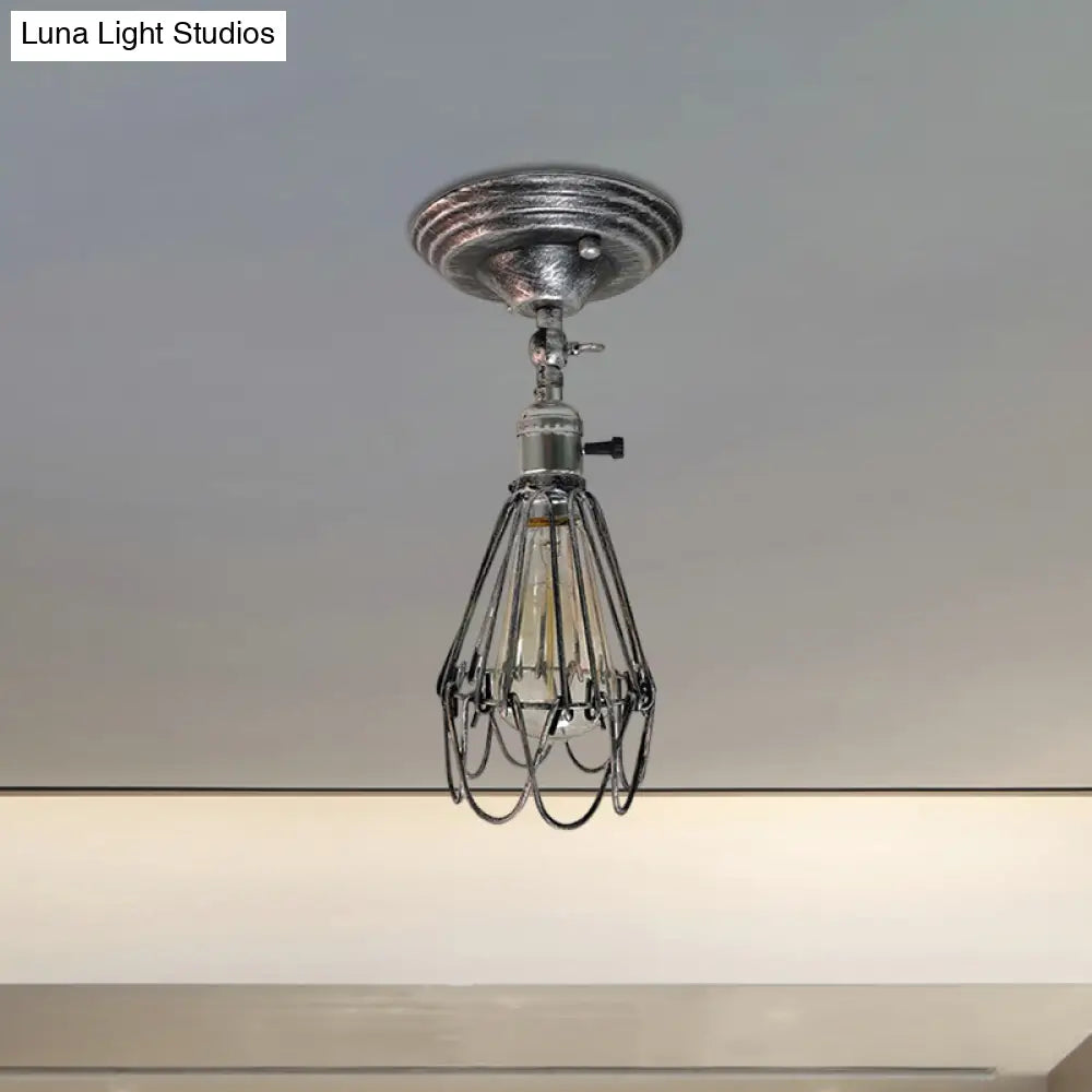 Rustic Farmhouse Semi-Flush Iron Cage Bedroom Ceiling Light In Rust/Aged Silver