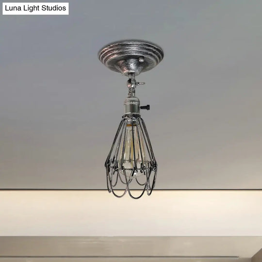 Rustic Farmhouse Semi-Flush Iron Cage Bedroom Ceiling Light In Rust/Aged Silver